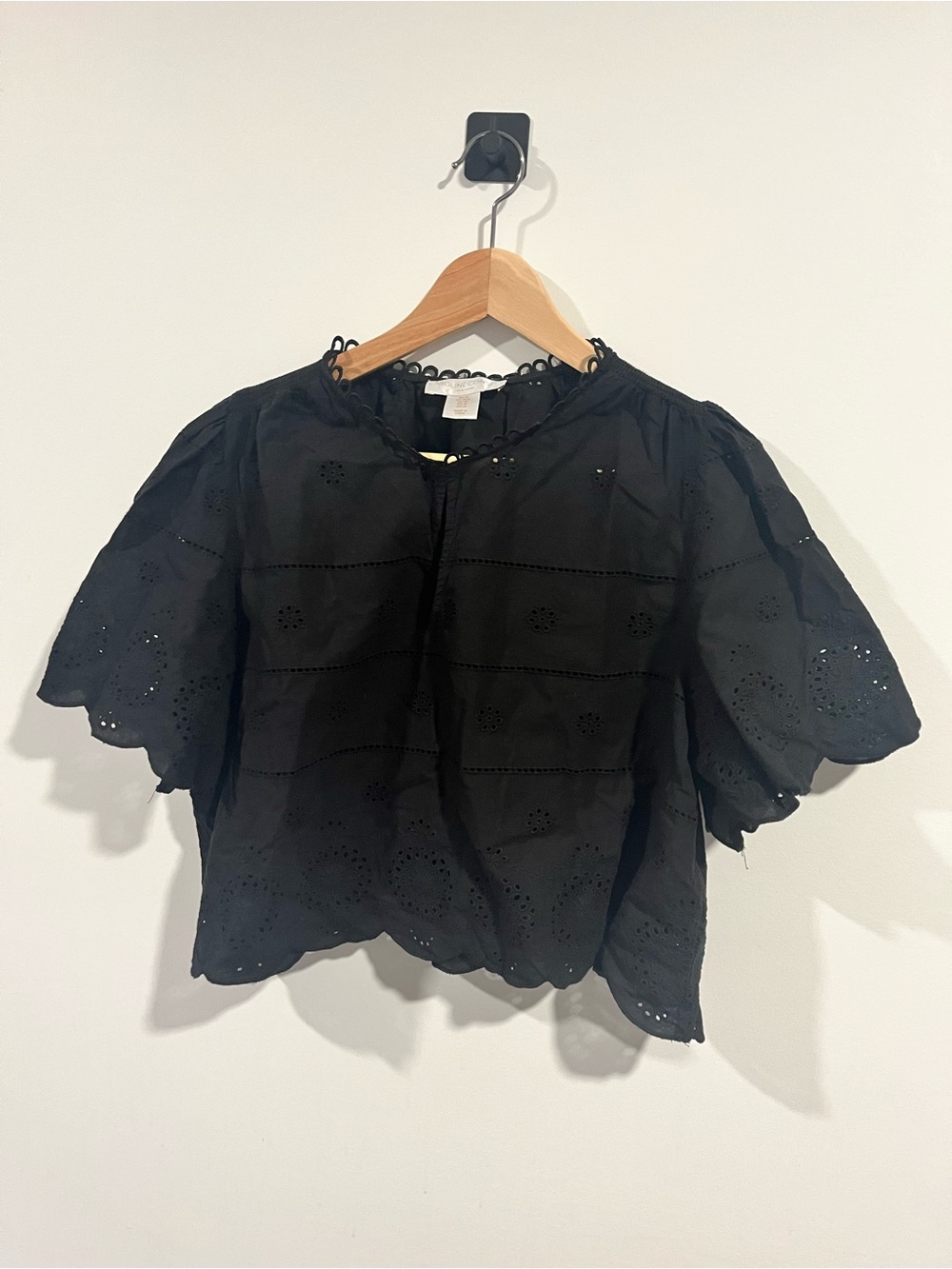 Caroline Constas Cropped Black Eyelet Short Sleeve Top